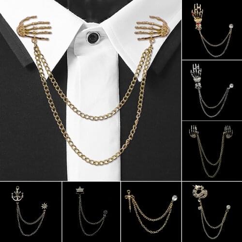 Man Suit Shirt Collar Tassel Chain Lapel Brooch Pin Dragon Skull Palm Badge Retro Pins Wedding Dress Party Neckwear Accessories