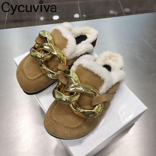 Metal Chain Flock Mules Wool Slippers Round Toe Slip On Slippers Ladies Shoes Casual Zapatos Mujer Winter Shoes For Women 2021