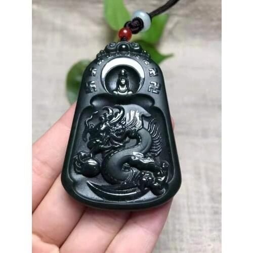 Natural A hetian jade double Hand-Carved jade enlightenment black green jade pendant jade necklace men pendants jewelry