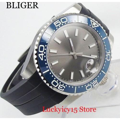 Nologo Grey Dial Top Brand Men Watch Date Function MIYOTA Movement Wristwatch Ceramic Bezel Rubber Strap 40mm Silver Color Case