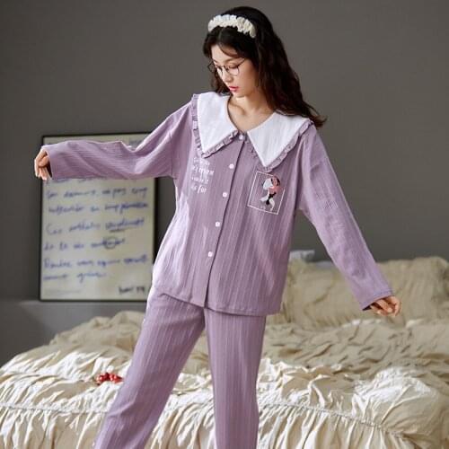 Autumn Winter Elegant Purple Pajamas Set For Women Soft Cotton Long Sleeve 2Pcs Turn-down Collar Homewear Kawaii Girls Sleepwear