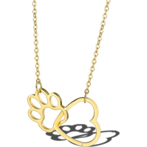 RIR Gold Hollow Cute Animal Dog Paw Love Heart Pendant Necklaces Pet Memorial In Memory of Your Loss Pets Best Friendship Gift