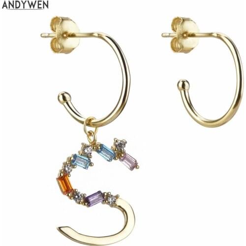 ANDYWEN 100% 925 Sterling Silver Gold S C Letter Drop Earring Initial Dangle Charm Women Zircon CZ Crystal Circle Loops Jewelry