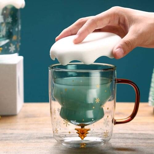 Cute Mugs Christmas Coffee Mug Double Glass 3D Christmas Tree Glass Cup Insulated Glasses Milk Tea Espresso Cup 300ML Xmas Gifts