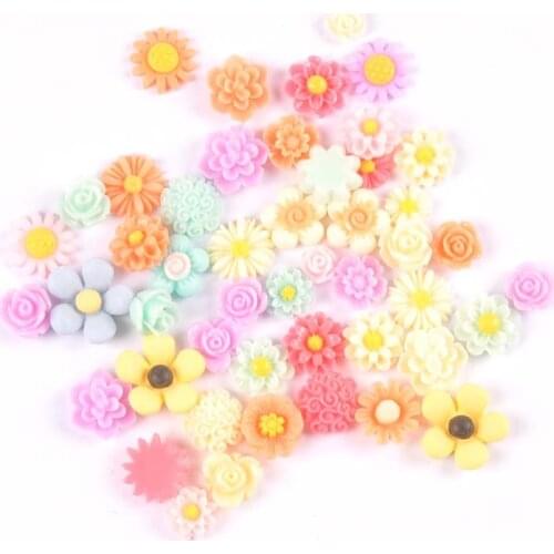 50Pcs Resin Candy Color Flower Flatback Cabochon Scrapbook Craft Embellishment For Diy Wedding Hairpin Accessories Decor 7-13mm