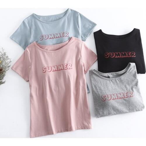 M-XXL Women Print Letter Sleep Tops Short Sleeve O-Neck T-Shirt Cotton Summer Loose Lingerie Sports Shirts With Chest