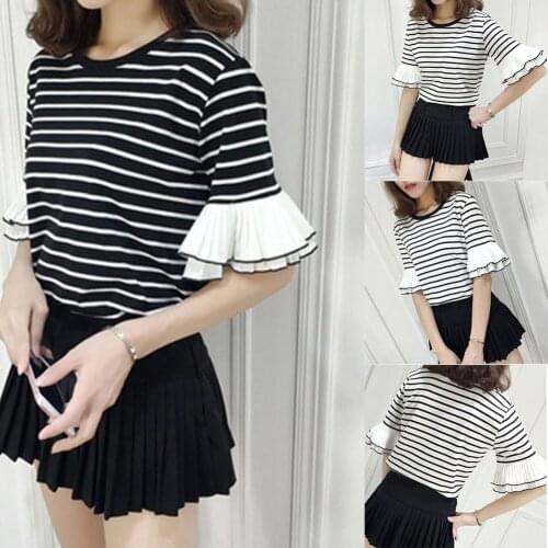 Women Stripe T-shirt Ruffle Chiffon Sleeves Blouse All-match Loose Tops -OPK