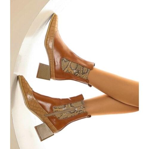 Pointed Toe Ankle Boots for Women Fashion High Quality Serpentine PU Leather Square Heel Zipper Autumn Winter Boots Plus Size 43