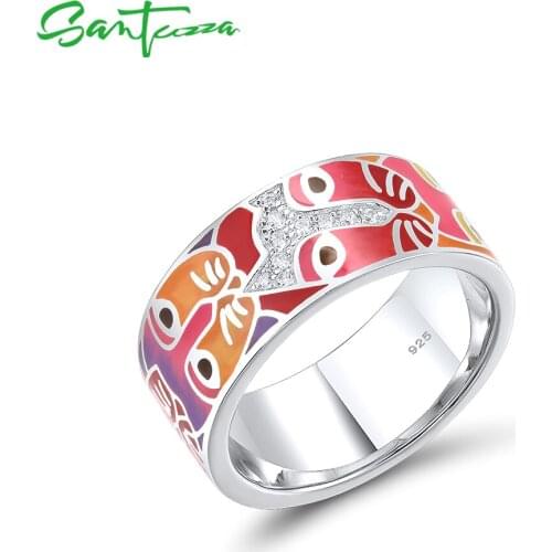 SANTUZZA Pure 925 Sterling Silver Rings For Women White CZ Cute Cats Enamel Rings Trendy Lovely Gifts Fine Jewelry Handmade