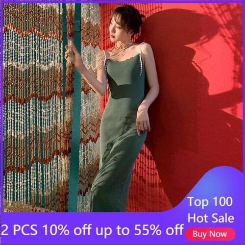 Dress for women 2021 summer elastic knitted long slim vintage sling dress B11118
