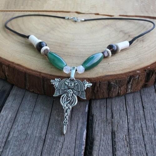 1pcs Bear And Wolf Natural Semi-precous Stone Kolovrat Pendant, Slavic Inspired Jewelry, Viking Dress Tribal Jewelry For Women