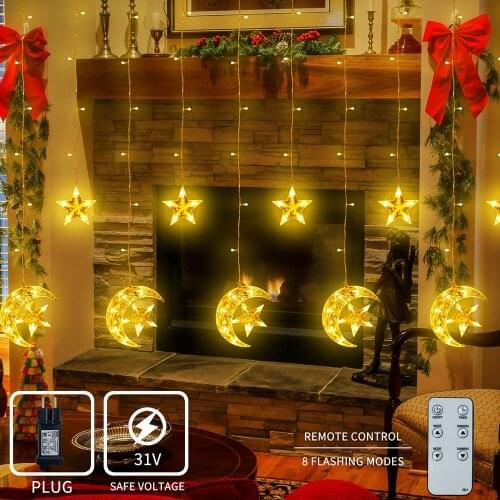 8 Modes Remote Control LED Moon Star Curtain String Lights Warm White Fairy Light For Christmas Party Holiday Home Decorations