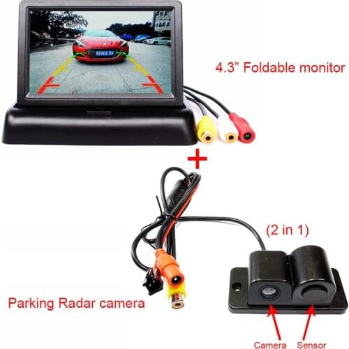 2In1 Car Reverse Parking Camera With Radar Sensor&4.3" Foldable LCD Rear View Monitor Parking Assistance