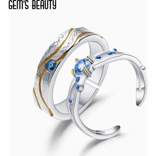 GEMS BEAUTY 925 Sterling Silver Couple Rings Set Natural Blue Topaz Handmade Enamel Adjustable Open Rings Wedding Set