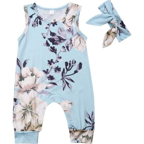 2019 Newborn Baby Girls Floral Romper Kids Clothes Summer Infant Blue Sleeveless Jumpsuit+Headband Toddler Outfit 2pcs 0-24M