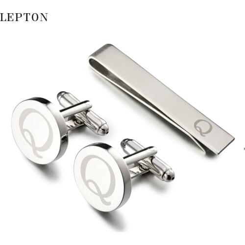 Lepton Round Laser Letter Cufflinks And Tie Clips Set Letters Q Cuff links For Mens French Shirt Cuffs Cufflink Relojes Gemelos
