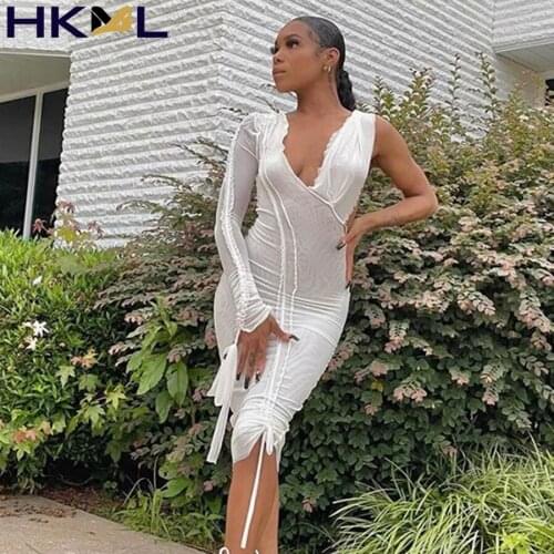 Fashion Sexy Shirring Y2K Mesh Slim Dress Women One Should Drawstring Bodycon V-Neck Streetwear See Through Outfits
