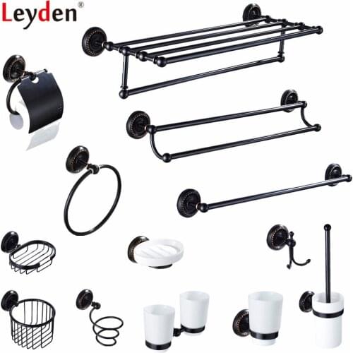 Leyden Bathroom Accessories Set Brass Black Towel Ring Toilet Paper Holder Toothbrush Holder Towel Bar Holder Bath Hardware Sets