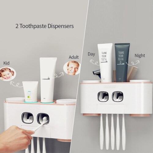 Wall-Mounted Toothbrush Holder Toiletries Storage Rack with 2 Toothpaste Dispensers 4 Cups and 5 Toothbrush Slots