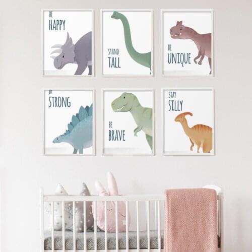 Nordic Art Animal Dinosaur Poster Be Brave Be Strong Painting Cartoon Nursery Wall Picture Print for Baby Kids Room Decoration