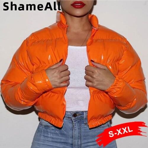 Faux Pu Y2K Bubble Puffer Coats Winter Down Jacket Women Long Sleeve Crop Outerwear Coat Zipper Streetwear Warm Oversized Parkas