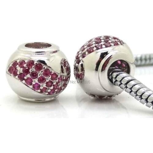 Fits Silver Color Original Pandora Beads,Micro Pave Ruby Zirconia Spacers Beads Charm Diy European Bracelets Jewelry Findings