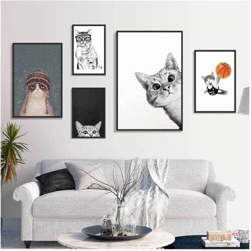 Nordic Cat Animal Print Modern Childrens Room Cartoon Cute Pet Cat Playing Basketball Living Room Decorative Painting Canvas