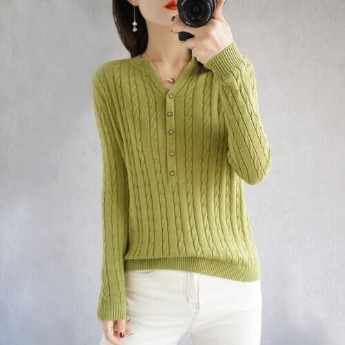 Spring 2021 New Knit 100%Cotton Long-Sleeved Sweater Women V-Neck Retro Twist Pullover Fashion Stretch Base Shirt Slim Short Top