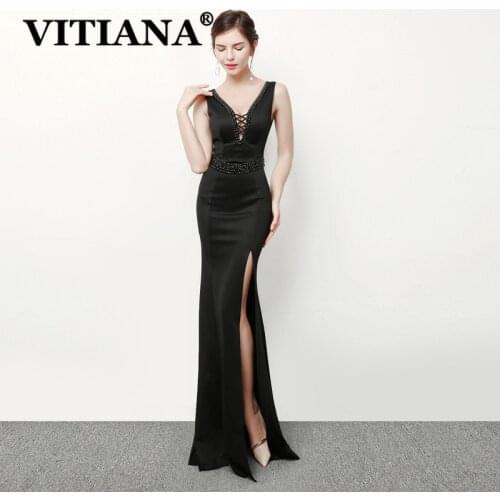 VITIANA Women Deep V-Neck Sexy Party Long Dress Female Sleeveless Host Elegant Night Dresses Femme Host Noble Banquet Vestidos