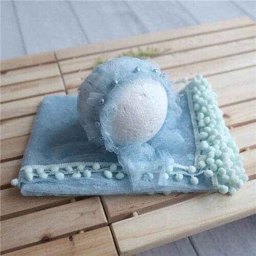 Pom Pom Lace Stretch Knit Blanket Newborn Pixie Bonnet Soft Blue Baby Posing Fabric Basket Layer Girl Baby Floral Bonnet Props