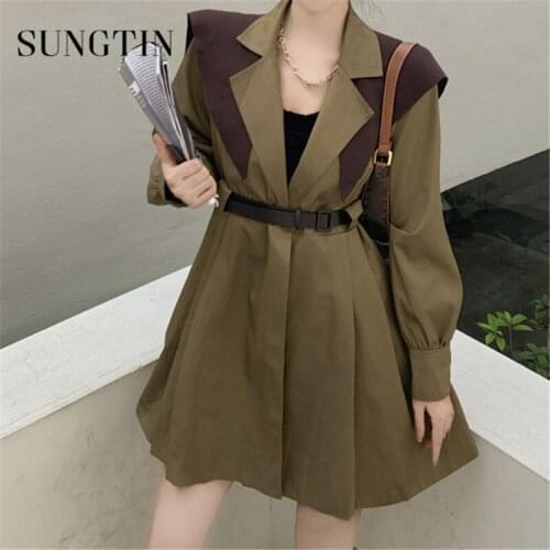 Sungtin Korean Casual Loose with Shawl Trench Women Sashes Autumn Belt Coat Female Elegant Patchwork Vintage Jacket Chic Spring