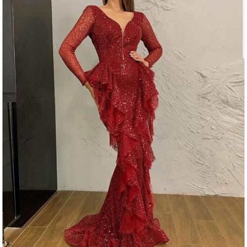 Red prom dresses 2020 sequins long sleeve ruffle mermaid deep v neck evening dresses robe soiree