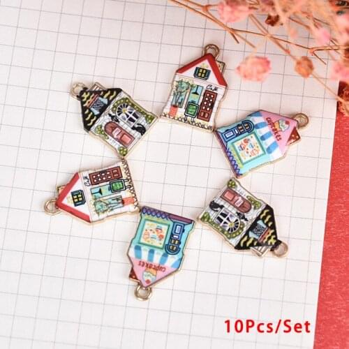 10Pcs/Set Enamel Alloy Cute House Charms Pendant DIY Craft Jewelry Making Gifts