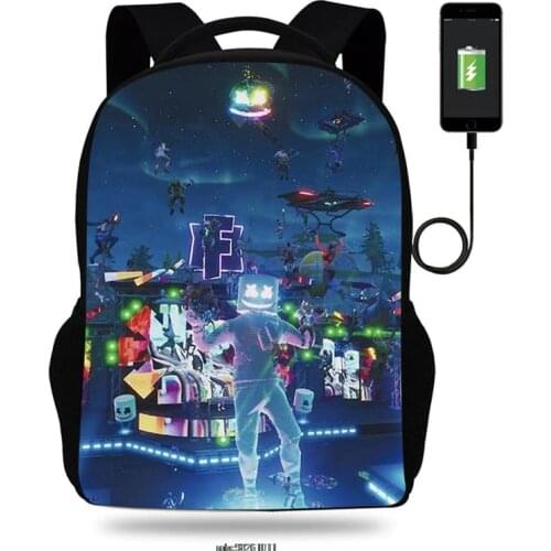 17 inch Backpack For Boys Girls DJ Marshmello Animation USB Charge School Bags 3D Cartoon Teenager Schoolbag Bagpack Rucksack
