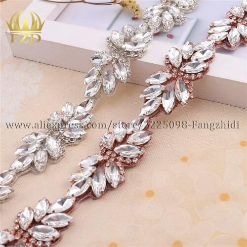 FZD 1 Yard Handmade DIY Iron On Sewed Rhinestone Sashes Applique for Wedding Dress Crystal Rhinestones Bridal Applique Trim