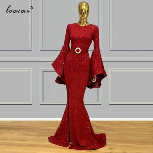 Middle East Red Sparkly Evening Dress 2020 Mermaid Formal Evening Gowns Muslim Red Carpet Special Occasion Gowns Party Vestidos