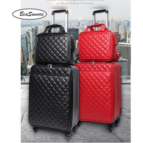 BeaSumore Cute Korean version Rolling Luggage Sets Spinner Retro PU Leather Women Suitcase Wheels 16/20 inch Men Cabin Trolley