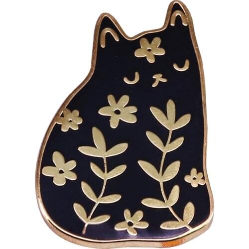 Cute Black Cat Cartoon Enamel Brooch With Flowers Leaf For Lapel Coat Scarf Sweater Badge