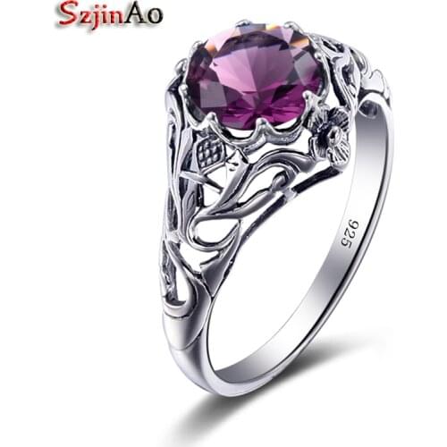 Szjinao High Quality 2017 Famale Silver Ring 100% Solid Silver 925 Jewelry Round Amethyst Wedding Invitations Factory Direct