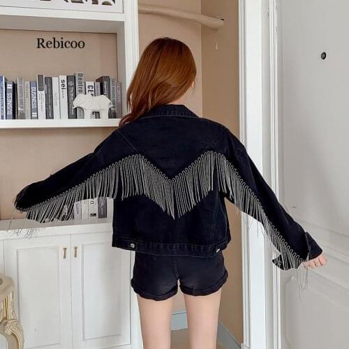 Streetwear Jeans Jacket Women Coat Tassels Chains Short Denim Jackets Batwing Sleeve Loose Black Coats Outerwear Chaquetas Mujer