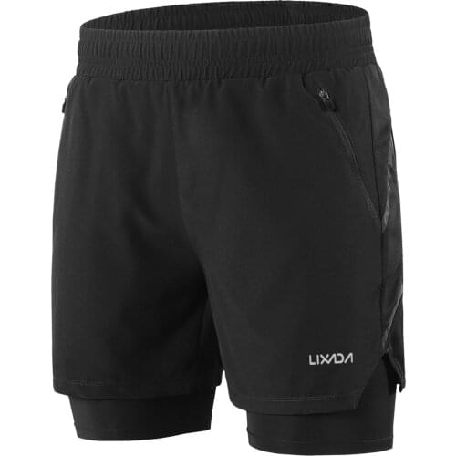 Lixada Mens Running Shorts 2 in 1 Quick Dry Breathable Active Training Exercise Jogging Sports Gym Shorts With Zipper Pocket