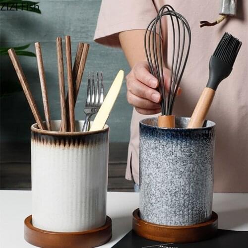 Multifunctional Ceramic Storage Tank Drain Chopstick Holder Retro Household Kitchen Chopsticks Knife and Fork Storage Tool
