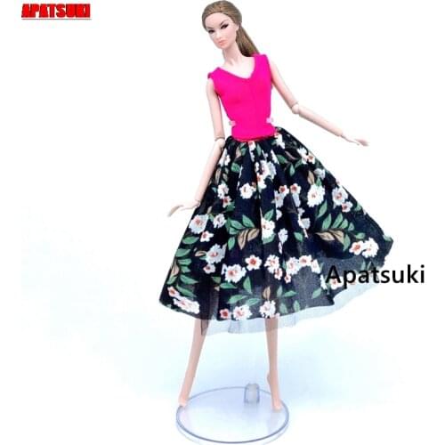 Fashion Doll Clothes For Barbie Doll Outfits Set Floral Party Gown Pink Tank Shirt & Midi Skirt 1/6 Dolls Accessories Kid Toy