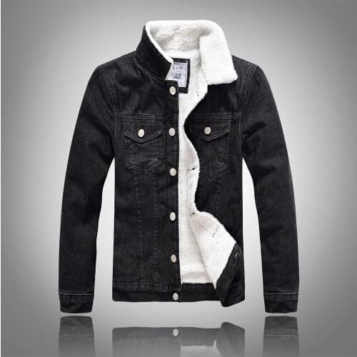 Black Mens Jeans Jacket Fur Collar for Men Winter Male Bomber Denim Jacket Men Plus Size With White Faux Leanther Fleece