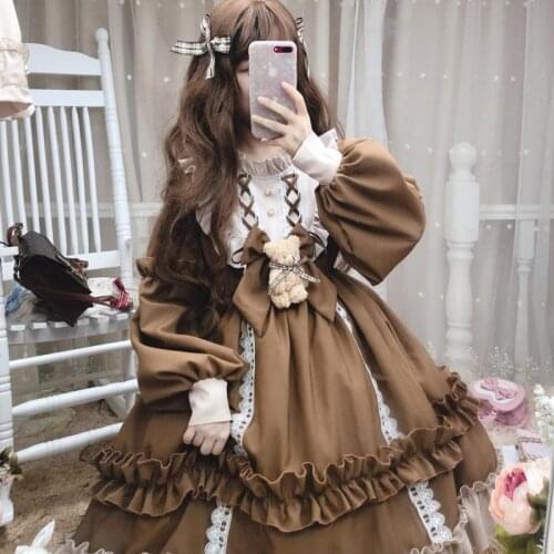 Autumn Winter Lolita Skirt Female Gothic Lolita Dress Bow Bear Lace Khaki Blue Dress Women Princess Kawaii Dress For Girls