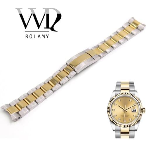 Rolamy Watchbands 20mm Stainless Steel Strap For DATEJUST Solid Curved End Screw Links Replacement Loops Bracelet Watch Band