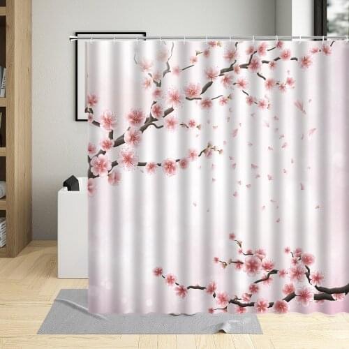 Romantic Pink Flower Cherry Blossom Shower Curtain Floral illustration Bathroom Decor Plum Blossom Curtains With Hooks polyester