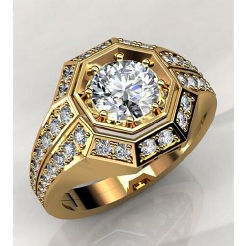 Luxury Gold Octagonal Zircon Iced Out Rings for Men Motorcycle Party Steampunk Engagement Rings Accessories Hip Hop Jewelry