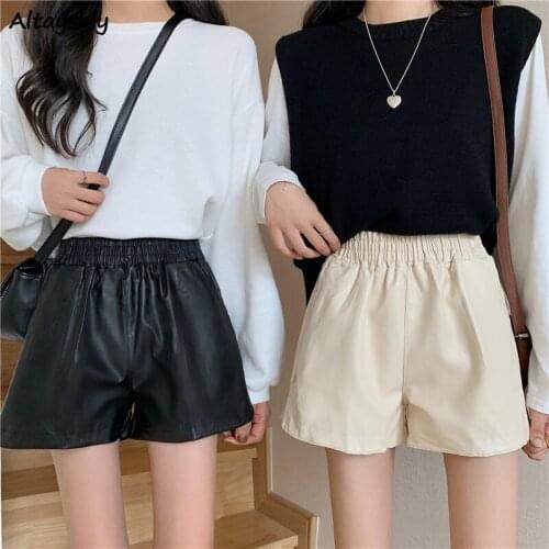 Shorts Women PU Leisure High Waist Baggy Elastic Waist Daily Street Wear Newly 2020 Solid Stylish Autumn Temperament Aesthetic