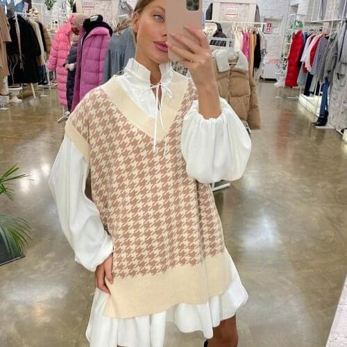 COKAGO Khaki V Neck Sleeveless Sweater Vest Knitted 2021 Jumper Split Long Vest With Houndstooth Oversized Waistcoat Tops